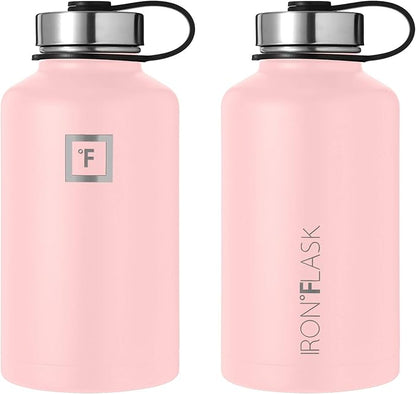 IRON °FLASK Camping & Hiking Hydration Flask, Wide Mouth, 3 Straw Lids, Stainless Steel Outdoor Water Bottle, Double Walled, Insulated Thermos, Metal Canteen - Rose, 64 Oz