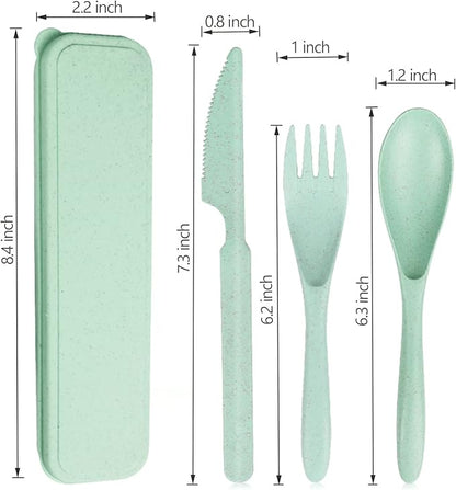 Reusable Travel Utensils Set with Case, Green Wheat Straw Portable Plastic Fork Spoons Knife Camping Cutlery, Eco-Friendly BPA Free Lunch Tableware Travel Picnic Utensils for Kids Adults Daily Use