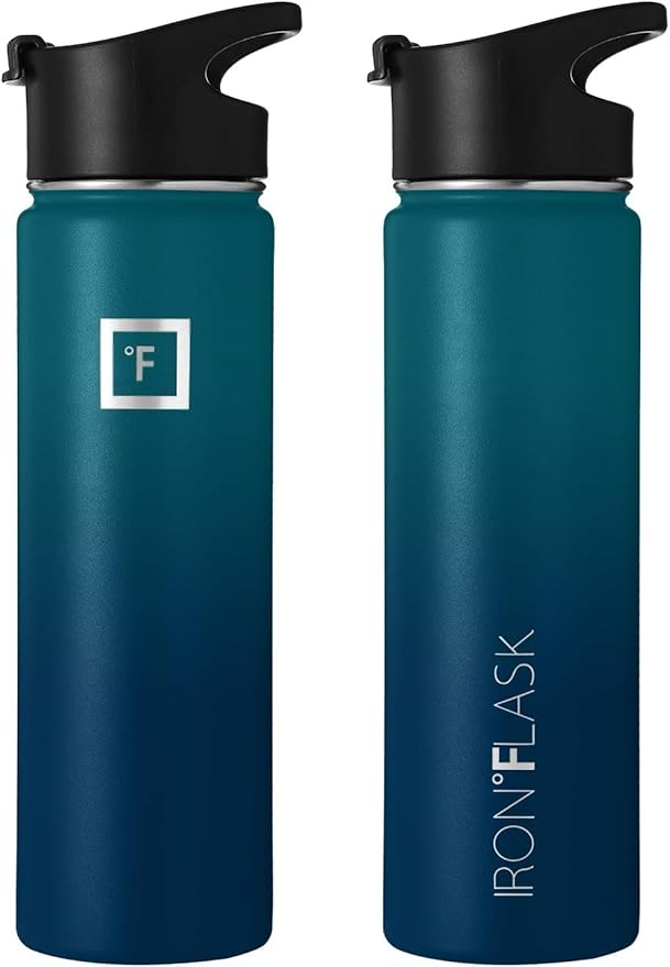 IRON °FLASK Camping & Hiking Hydration Flask, Wide Mouth, 3 Straw Lids, Stainless Steel Outdoor Water Bottle, Double Walled, Insulated Thermos, Metal Canteen - Dark Night, 22 Oz