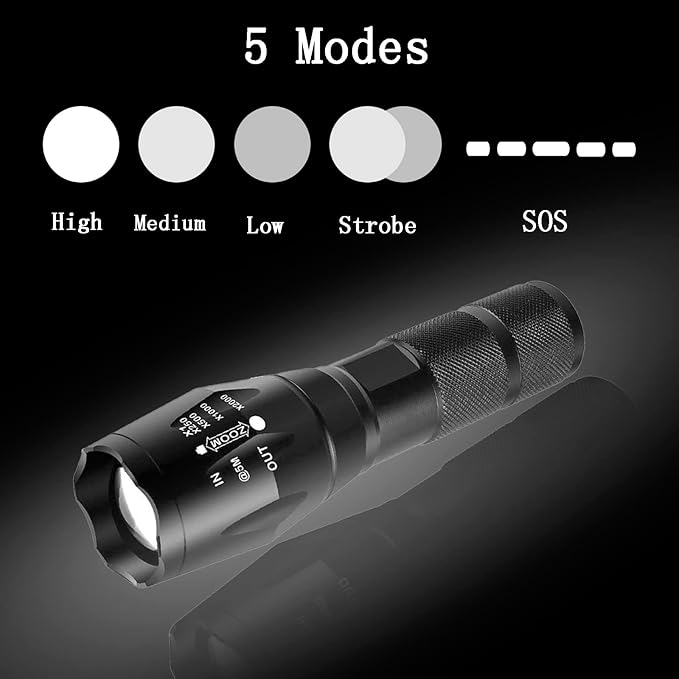 LED Flashlight Bright Tactical Flashlight Zoomable 5 Modes for Emergency Camping Outdoor Use