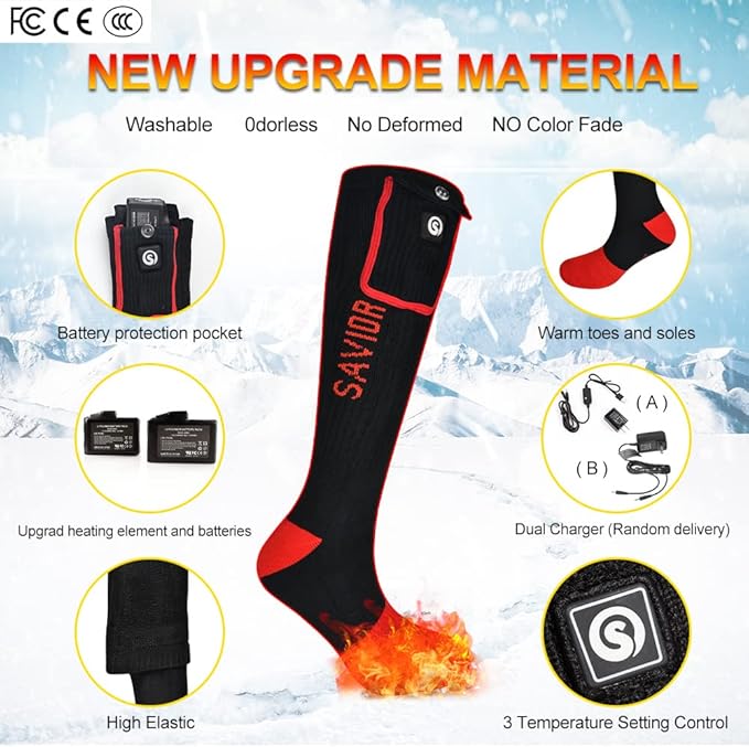 Heated Socks for Women and Men, 7.4v Rechargeable Battery Operated Socks Washable Electric Heated Foot Warmer Coolmax Socks for Hiking Camping Skiing Fishing Hunting Mountaineering