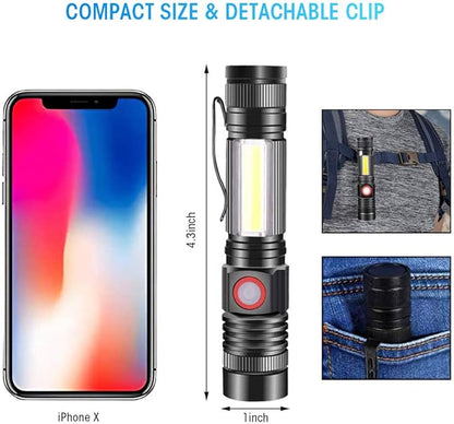 Rechargeable Tactical Flashlight, Magnetic LED Flashlight with COB Work Light, Super Bright 2000 Lumens Flash Light 4 Modes Waterproof Zoomable Flashlight for Camping Emergency