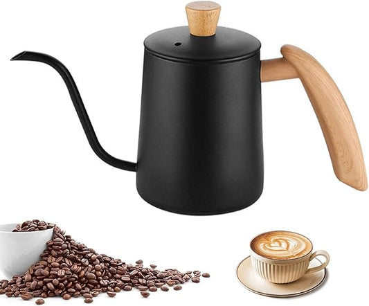 Pour Over Coffee Kettle Gooseneck Tea Pot 304 Stainless Steel Hand Coffee Maker Kettle-Barista Pour Control Design,Wood Handle and Long Narrow Spout Camping Kettle(Color:Black,Size:20oz)