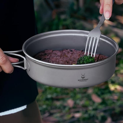 Camping Plate Titanium Pan Dish Plate with Handle & Mesh Bag, Large Reuseable Ultralight Dinner Plate for Camping Outdoors Backpacking (450ML)