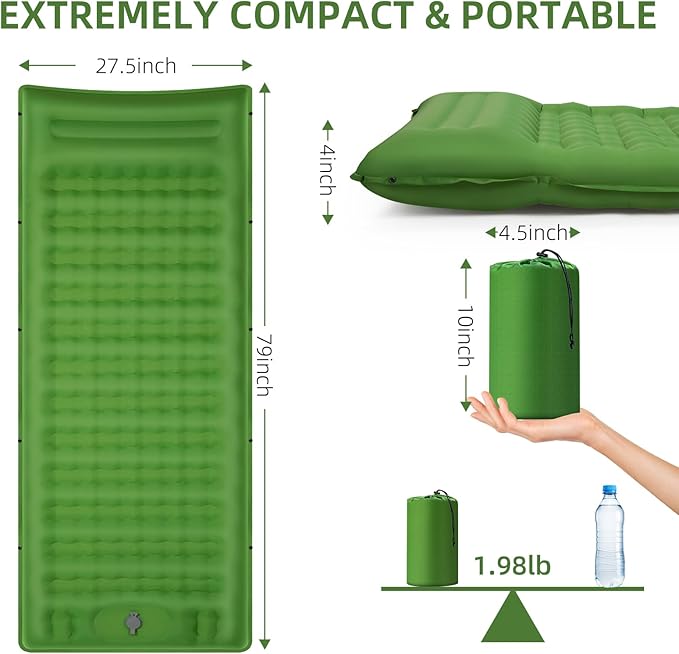 Sleeping Pad Camping, Self Inflating 6'' Extra-Thick with Pillow Built-in Foot Pump Waterproof Inflatable Sleeping Mat Backpacking, Tent, Hiking, Portable Camping Pad (Green)
