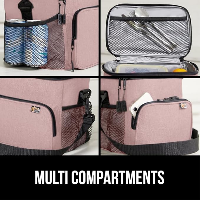 GORILLA GRIP Reusable Insulated Lunch Box Bag for Women Men, Large Leakproof Soft Cooler Bags, Multiple Compartments, Mesh Pockets, Adjustable Strap, Food Tote Keeps Drinks Cold, 8L, 10x9, Pink