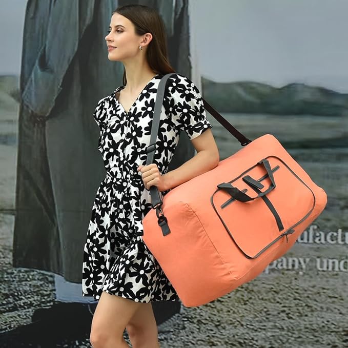 Dimayar 65L Travel Duffle Bag for Men Women - Foldable Duffel Bag with Shoes Compartment - Overnight Bags Waterproof & Tear Resistant(Orange)