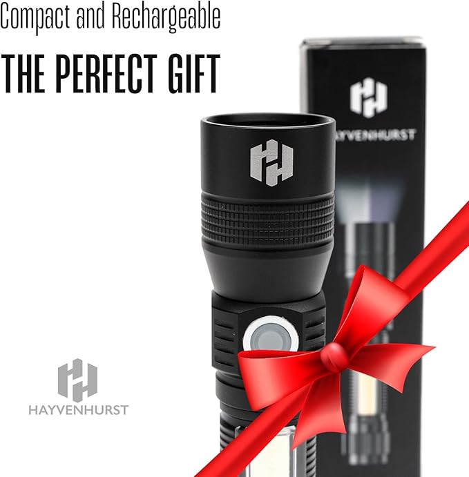 Hayvenhurst LED Flashlight - EDC Flashlight - Tactical Flashlight - 3 in 1 Lightweight, Compact and Rechargeable Pocket Flashlight with Lavish Black Body for Emergency Power Outage
