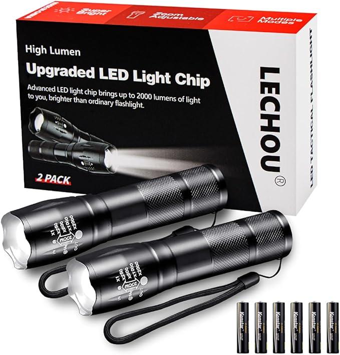 Tactical Flashlight SC1010, 3000 Lumens Handheld Flash Lights, 5 Modes, Zoomable, High Power, Waterproof for Outdoor Camping Hiking, LED Flashlights for Gift Survival Emergency (2 Pack)