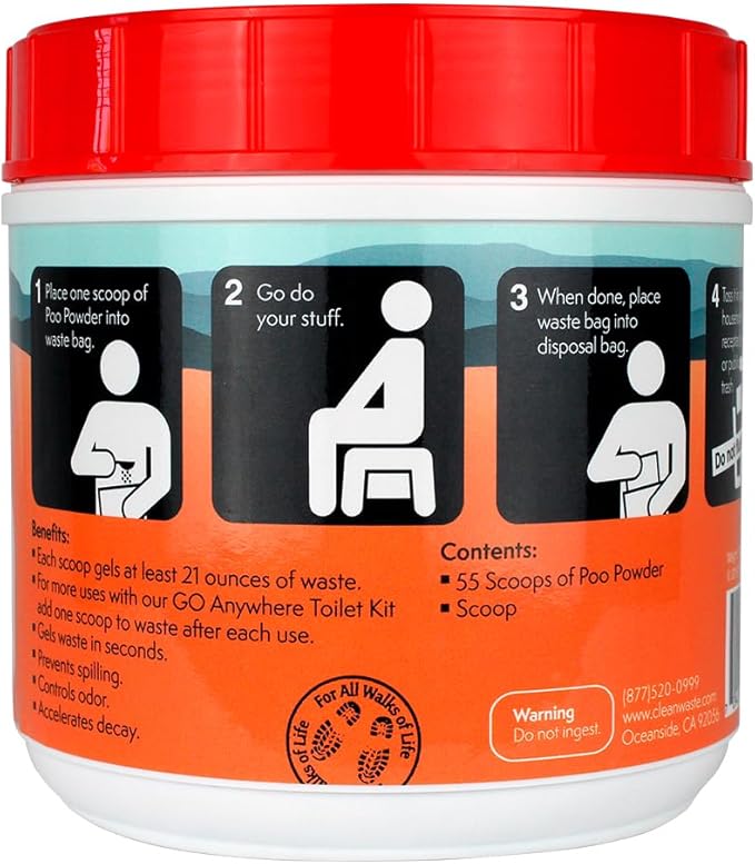 Cleanwaste Portable Mini Poo Powder Deodorizing Waste Treatment - 55 Scoops - Pee and Poop Gelling Powder for Camping, Travel, Emergencies