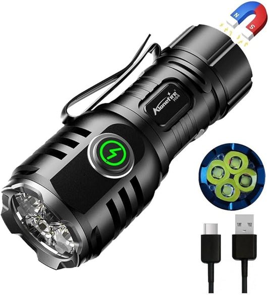 ALONEFIRE H64 Mini LED Flashlight Type C USB Rechargeable Bright 4 LED Light Source Small Torch 8 Modes Waterproof Long Battery Life with Tail Magnet, Clip, Battery for Outdoor, EDC Carry, Hiking