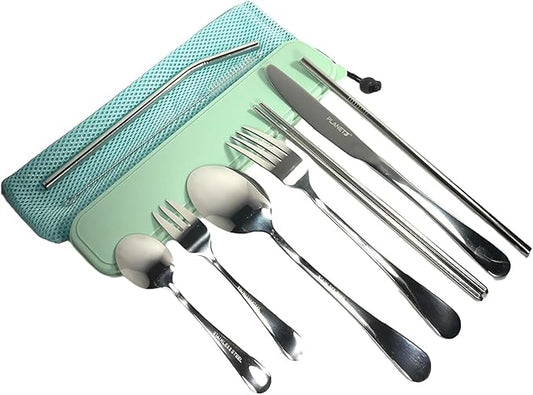 11 Pcs Reusable Utensil Set with Case - Stainless Steel EDC Cutlery Set for Travel, Camping, Picnic & Outdoor Activities – Perfect Lunch Box Accessories & Mess Kit for Kids & Adults (Green)