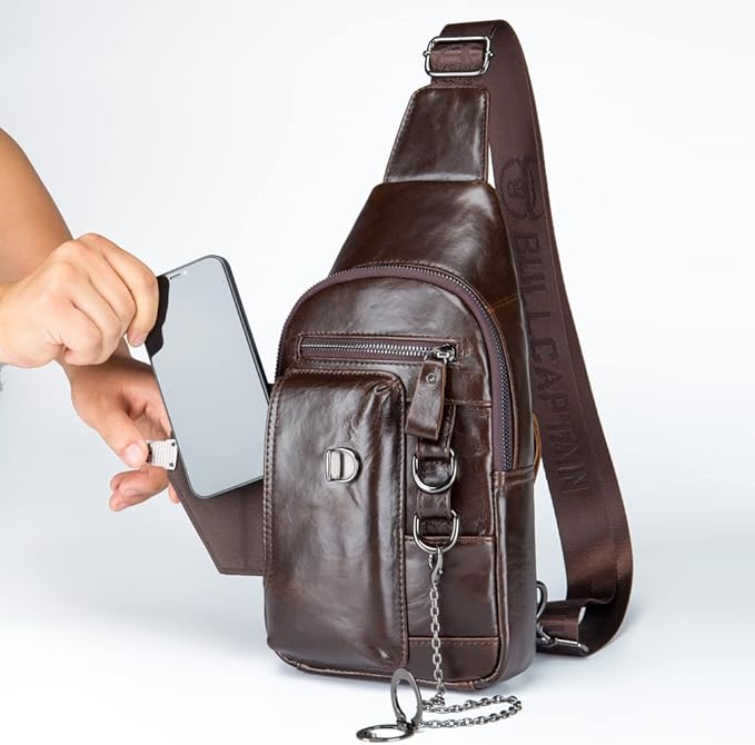 KPYWZER Vintage Genuine Leather Sling Bag Backpack for Men Crossbody with Cellphone Stand Chain Chest Shoulder Crossbody Daypack Coffee