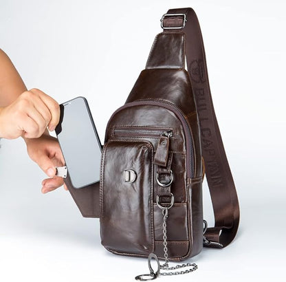 KPYWZER Vintage Genuine Leather Sling Bag Backpack for Men Crossbody with Cellphone Stand Chain Chest Shoulder Crossbody Daypack Coffee