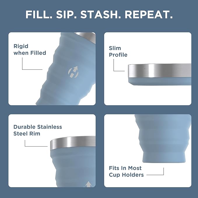HYDAWAY Collapsible Pint - 16 oz, Silicone & Steel Rim I Collapsible Cup for Beer, Water & Soda, Portable Drinking Cup for Party, Camping, Backpacking & Hiking, Folding Travel Cups Collapse to 1-inch