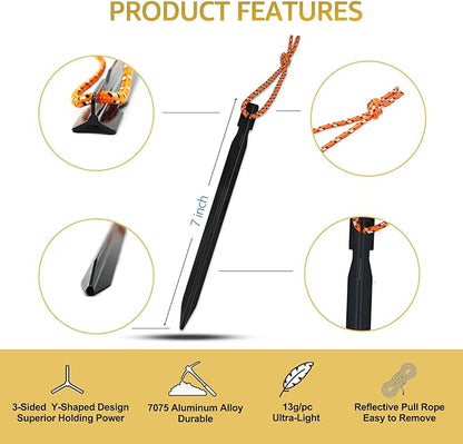 15Pack Tent Stakes, 7075 Aluminum Tent Stakes Heavy Duty, Metal Stakes with Pull Rope, Lightweight Tent Pegs for Backpacking, Durable Camping Tent Accessories, Black