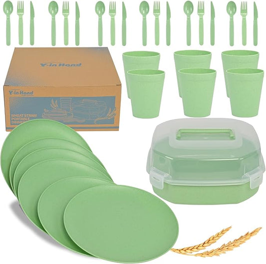 Wheat Straw Dinnerware Sets for 6, 31 Piece Unbreakable Outdoor Cutlery Set. Reusable plates and cups set for camping, picnics, RV trips, and party grills. (Green)