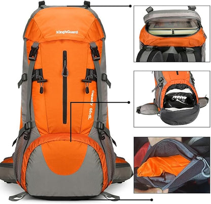 King'sGuard 70L Hiking Backpack Waterproof Camping Backpack with Rain Cover Large Lightweight Backpacking Backpack Daypack for Travel Outdoor -Frameless (Orange)