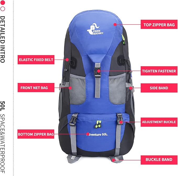 Bseash 50L Hiking Backpack, Water Resistant Lightweight Outdoor Sport Daypack Travel Bag for Camping Climbing Touring (Blue - No Shoe Compartment)