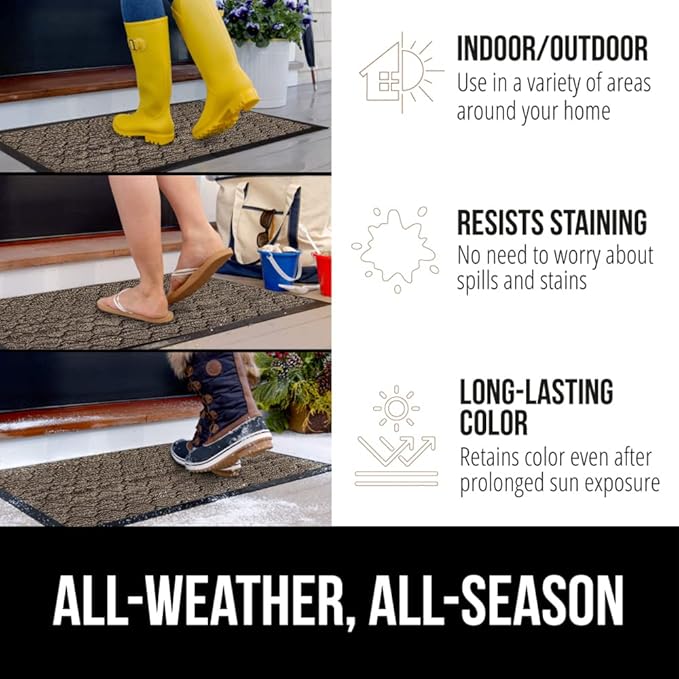 GORILLA GRIP 100% Waterproof All-Season WeatherMax Doormat, Durable Natural Rubber, Stain and Fade Resistant, Low Profile, Indoor Outdoor Doormats, Easy Clean Patio Entry Mat, 17x29, Latte Quatrefoil