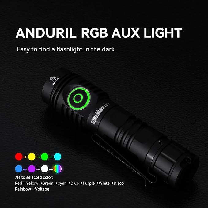 Wurkkos Rechargeable LED Flashlights Max 2050 High Lumens Flashlight USB C Charging, Anduril 2.0 UI, RGB AUX Switch, IP68 Waterproof Great for Camping, Hiking, Dog Walking (Black SFT40-6500K)