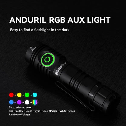 Wurkkos Rechargeable LED Flashlights Max 2050 High Lumens Flashlight USB C Charging, Anduril 2.0 UI, RGB AUX Switch, IP68 Waterproof Great for Camping, Hiking, Dog Walking (Black SFT40-6500K)