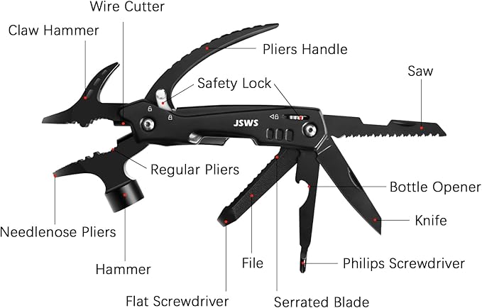 12-in-1 Multi-Tool Hammer Cool Gadgets Presents for Father Husband Grandpa Boyfriend Unique Gifts for Men & Women Multi tool Knife, Pliers, Safety Lock, Nylon Sheath Camping Essentials Mens Gift