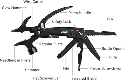 12-in-1 Multi-Tool Hammer Cool Gadgets Presents for Father Husband Grandpa Boyfriend Unique Gifts for Men & Women Multi tool Knife, Pliers, Safety Lock, Nylon Sheath Camping Essentials Mens Gift