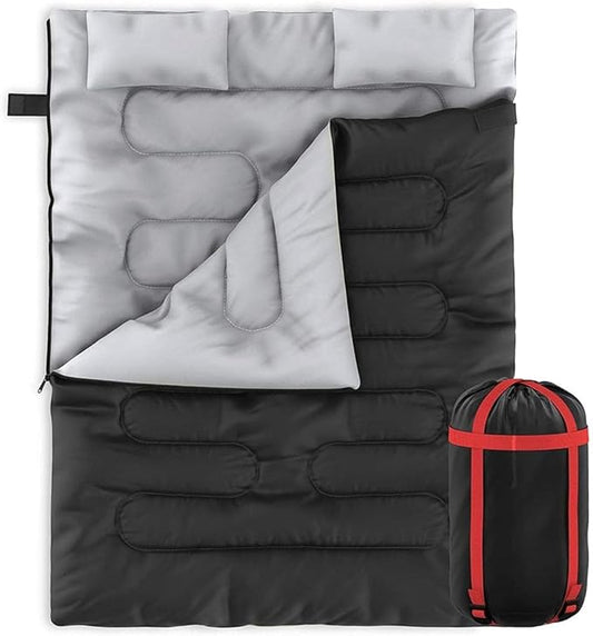 Zone Tech Double Camping Sleeping Bag with 2 Pillows – 3-4 Season Lightweight Waterproof Warm & Cool Weather Adult & Kids Sleeping Bag Converts into 2 Single -Camping, Hiking, & Outdoors