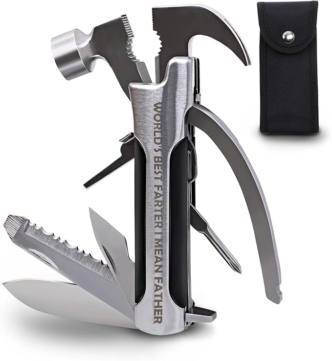 Fathers Gifts for Dad from Daughter Son WORLD'S BEST FATHER I MEAN FATHER Hammer Multitool Camping, 12 In 1 Pocket Multi Survival Tools Cool Gadgets Christmas Birthday Gifts for Men boyfriend