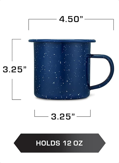 COLETTI Classic Percolator Coffee Pot & Enamel Mug Set — Camping Coffee Pot, Enamel Coffee Mug – Complete Nostalgic Bundle – German Imported Enamel Powder [Blue, 12 Cup] [12 oz, Set of 4]