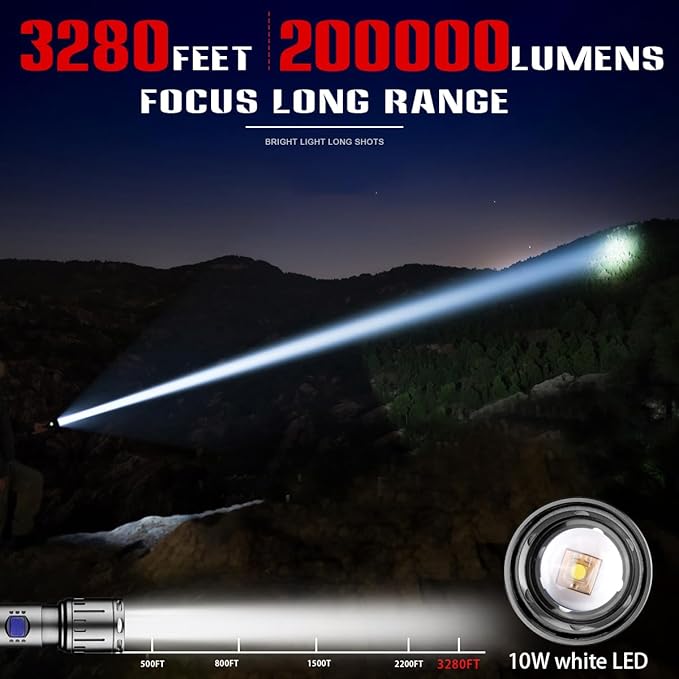 NAKCNM LED Rechargeable Flashlights High Lumens, Super Bright Flashlight 200000 Lumen with 5 Modes and Charger, Waterproof Flashlights Led Rechargeable for Camping Outdoor Hunting