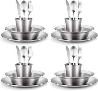 Odoland Camping Complete Messware Kit, Polished Stainless Steel Camp Dinnerware, Camping Cooking Tableware, Cutlery Organizer Utensil with Plates and Bowls Set for Backpacking, Hiking, Picnic