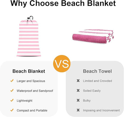 Beach Blanket Sandproof Waterproof, Pink Striped Picnic Blanket Extra Large 9 Ft X 10 Ft for 8 Adults with Stakes and Sand Pocket, Compact Lightweight Sand Free Beach Mat Essential