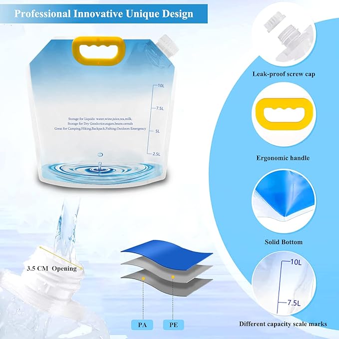 Collapsible Water Storage Bag, 4Pack 2.6 Galloon Water Containers BPA Free, Portable Water Bladder Bag, No-Leak Freezable Emergency Water Jugs for Camping Hiking Backpack Outdoors Travel