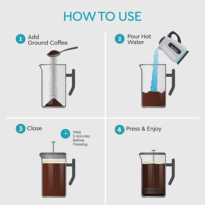 Belwares French Press Coffee Maker - 34 oz Double-Wall Insulated Coffee Press with 4-Level Filtration System, Stainless Steel 1 Liter - Perfect for Camping, Home, or Office