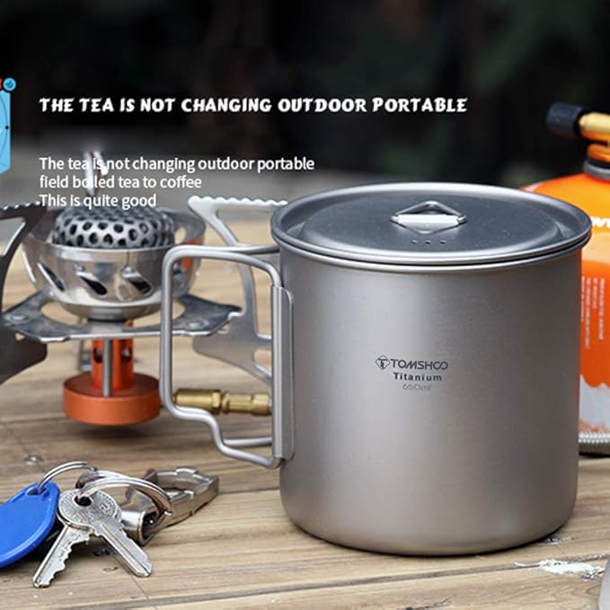 TOMSHOO Titanium Mug 650ml/22 oz Camping Titanium Pot with Lid Camping Coffee Cup with Foldable Handle for Camping Hiking Travelling Backpacking Camping Open Fire