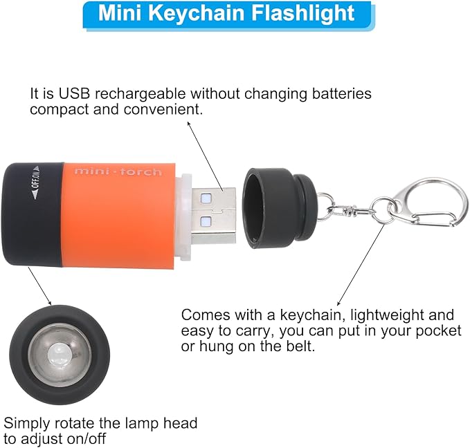 PATIKIL Mini Keychain Flashlight, Pocket LED Flashlight Portable Torch USB Rechargeable for Outdoor Camping Party, Orange