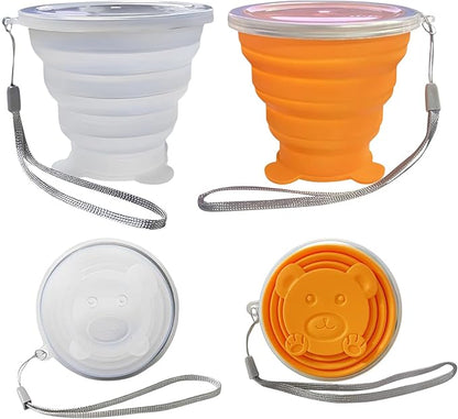 2 PCS Collapsible Cup - Silicone Small Foldable Cup-Expandable Folding Drinking Cup -Reusable Portable Mugs Cup with Lids For Travel, Camping, Hiking, Survival, Holiday Vacation White+Orange