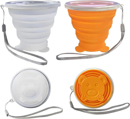 2 PCS Collapsible Cup - Silicone Small Foldable Cup-Expandable Folding Drinking Cup -Reusable Portable Mugs Cup with Lids For Travel, Camping, Hiking, Survival, Holiday Vacation White+Orange