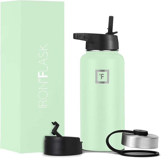 IRON °FLASK Camping & Hiking Hydration Flask, Wide Mouth, 3 Straw Lids, Stainless Steel Outdoor Water Bottle, Double Walled, Insulated Thermos, Metal Canteen - Mint, 32 Oz