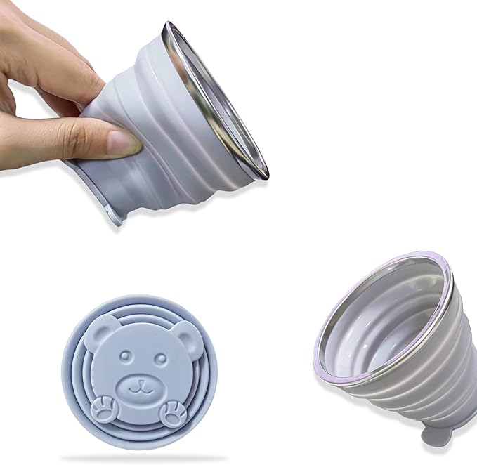 Collapsible Cup, Silicone Collapsible Travel Cup, Expandable Folding Camping Drinking Cup with Lids Reusable Small Portable Mugs Cup for Travel, Camping, Hiking,Outdoor Sports (blue&grey)