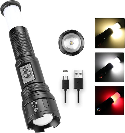 Multifunctional Rechargeable Flashlights High Lumens, 2-in-1 Super Bright Flashlight & Camping Lights, Waterproof Tactical Flashlights with Zoomable, 4+6 Modes for Camping, Hiking, Emergencies