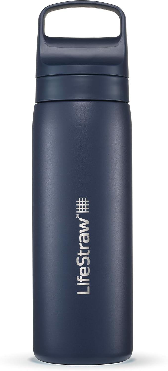 LifeStraw Go Series – Double Wall BPA-Free Vacuum Insulated 18 oz Stainless Steel Water Filter Bottle for travel and everyday use; Aegean Sea