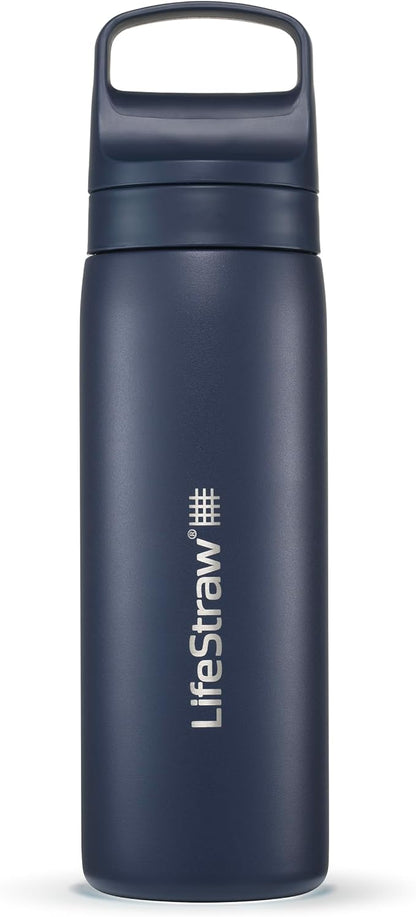 LifeStraw Go Series – Double Wall BPA-Free Vacuum Insulated 18 oz Stainless Steel Water Filter Bottle for travel and everyday use; Aegean Sea