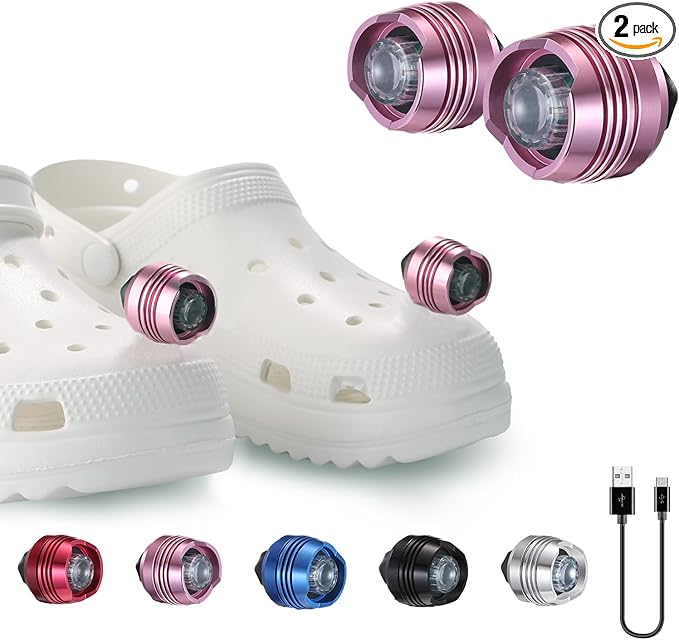 Rechargeable Headlights for Croc 2pcs,Flashlights Attachment for Crocs, LED Shoes Light with 3 Light Modes for Dog Walking, Camping, Running, Suitable for Adults Kids, Pink