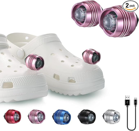 Rechargeable Headlights for Croc 2pcs,Flashlights Attachment for Crocs, LED Shoes Light with 3 Light Modes for Dog Walking, Camping, Running, Suitable for Adults Kids, Pink