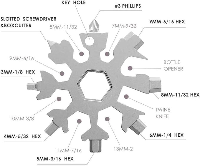 18-in-1 Snowflake Multi Tool, Stainless Steel Snowflake Bottle Opener/Flat Phillips Screwdriver Kit/Wrench, Durable and Portable to Take, Great Christmas gift(Standard, Stainless Steel). (Silver)
