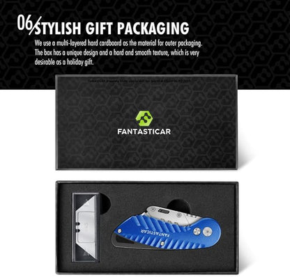 FantastiCAR Folding Utility Knife, Quick Blade Change Box Cutter, Anti-slip Metal Body, with Safety Lock and 5 Extra Blades (Ocean Blue)