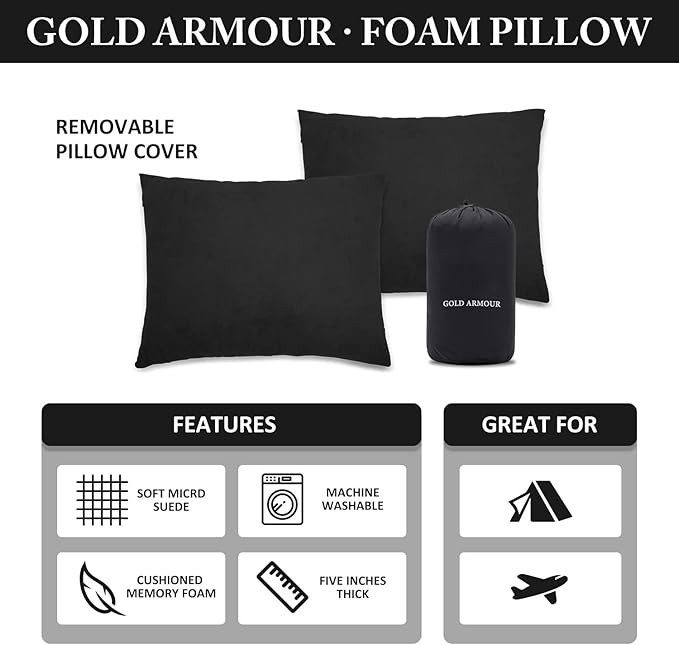 Gold Armour Camping Pillow Memory Foam - Compact Compressible Backpacking, Hammock, and Travel Pillows for Kids and Adults - Essential Outdoor & Camping Gear (Small 12 x 16in, Black)